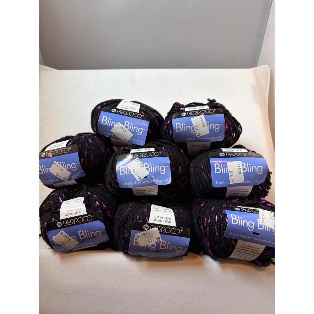 Berroco Bling Bling Yarn Lot 8 Black Purple Metallic Cotton Blend 1530 Dye 33779